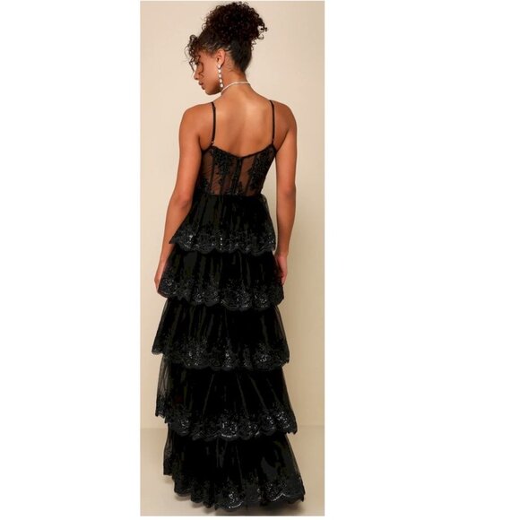 Lulus Alluring Sensation Black Tulle Embroidered Tiered Maxi Dress Small - Picture 6 of 11